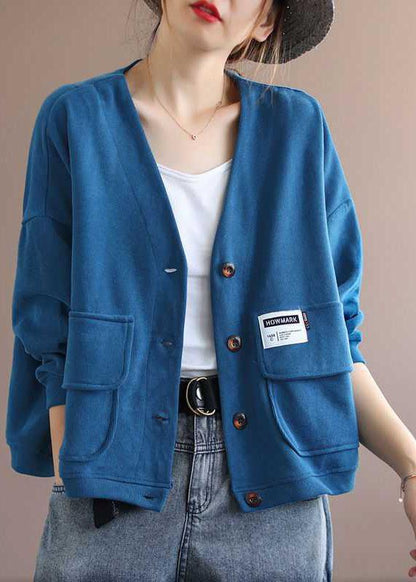 Manteau à manches longues avec poches et col en V bleu Art QS048