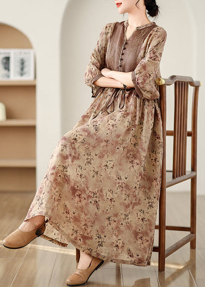Bracelet Print Linen Art Dresses Brown Sleeve Maxi Cinched