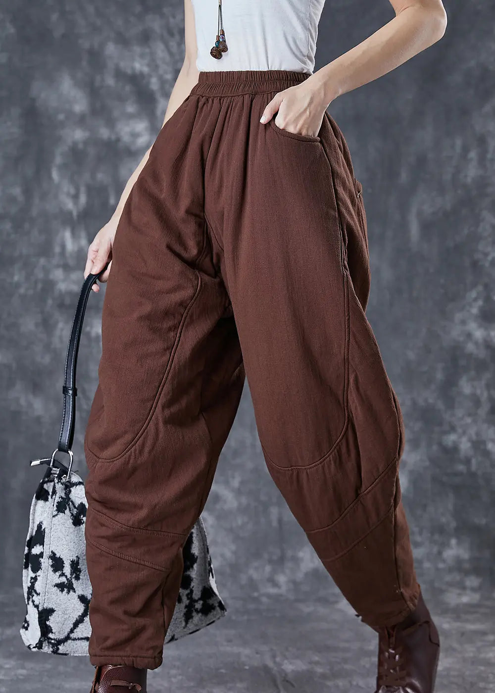 Art Chocolate Oversized Patchwork Fine Cotton Filled Harem Pants Winter Ada Fashion