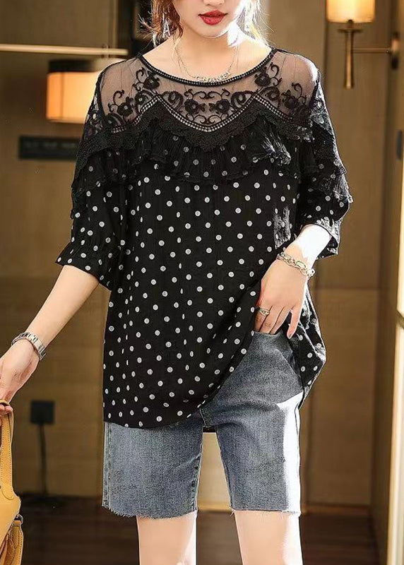 Art Coffee Lace Patchwork Dot Print Top Half Sleeve WW045