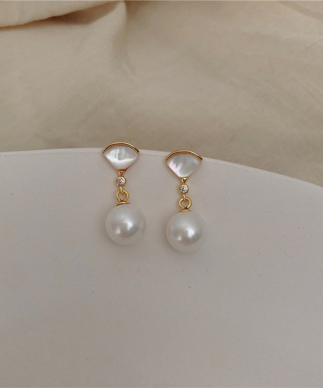 Art Gold Sterling Silver Overgild Fan Shaped Shell Pearl Drop Earrings PO067