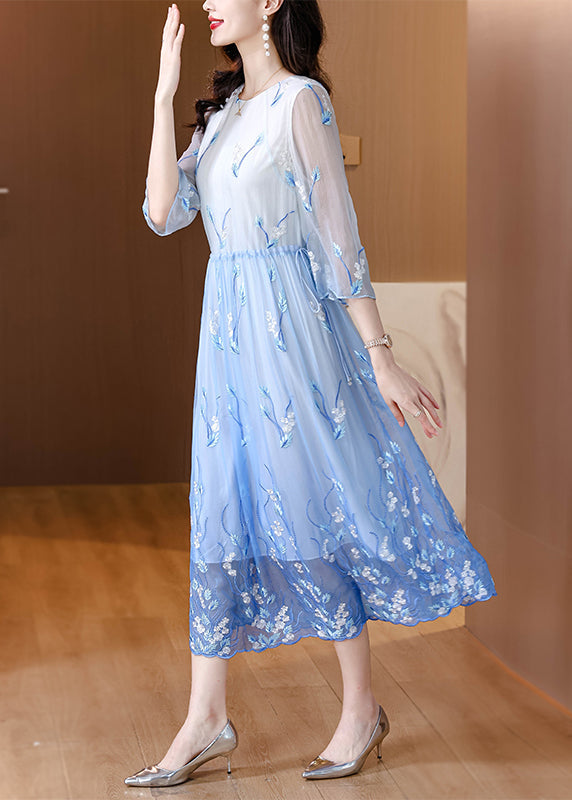 Art Gradient Blue O Neck Embroidered Drawstring Silk Dress Summer BB028