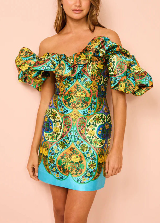 Art Green Cold Shoulder Print Silk Mid Dress Summer FF107