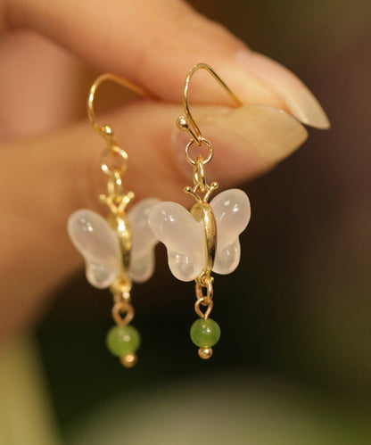 Boucles d'oreilles pendantes en forme de papillon en jade surdoré en cuivre vert QI066