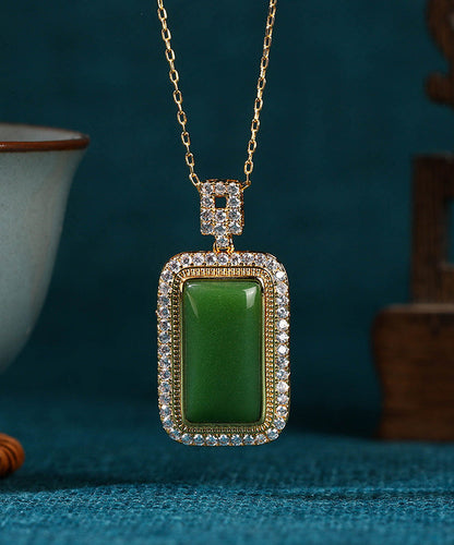 Collier pendentif en jade et zircon surdoré en cuivre vert KX1057