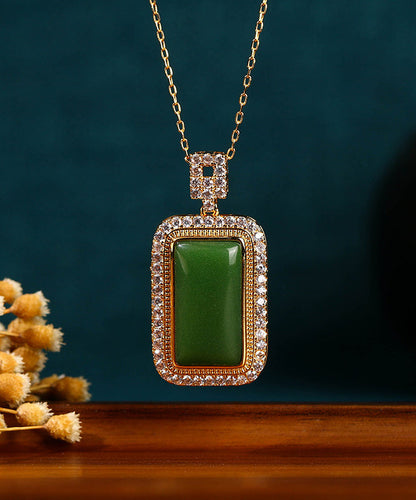 Collier pendentif en jade et zircon surdoré en cuivre vert KX1057