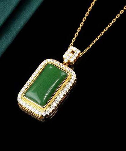 Collier pendentif en jade et zircon surdoré en cuivre vert KX1057