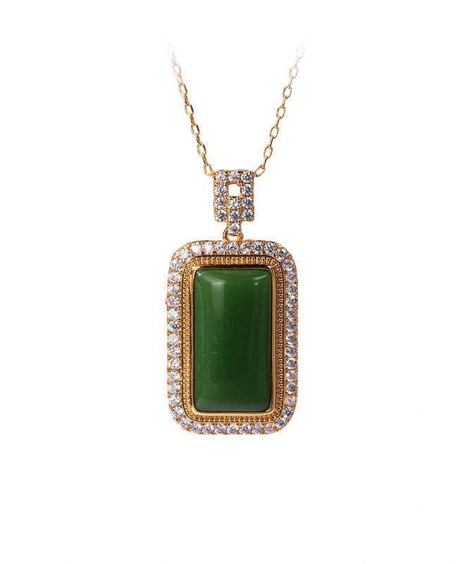 Art Green Copper Overgild Jade Zircon Pendant Necklace KX1057