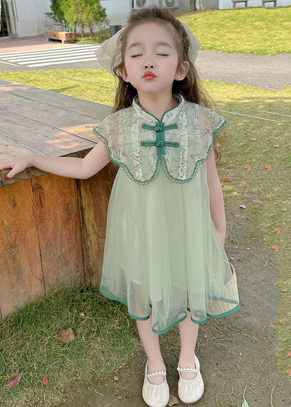 Robe longue de vacances en tulle à boutons en patchwork brodé vert art pour filles, été MN006