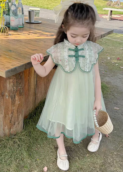 Robe longue de vacances en tulle à boutons en patchwork brodé vert art pour filles, été MN006