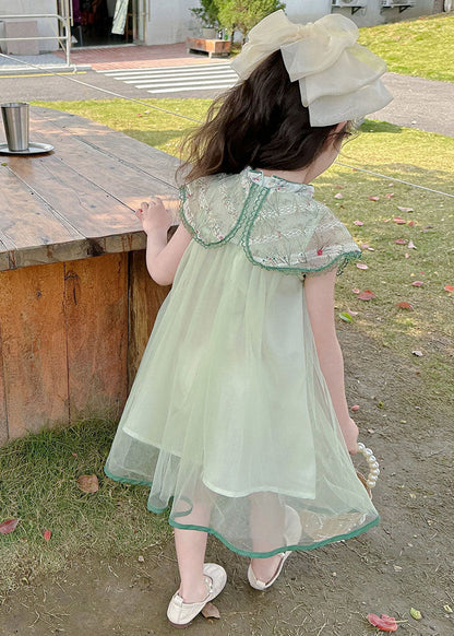 Robe longue de vacances en tulle à boutons en patchwork brodé vert art pour filles, été MN006