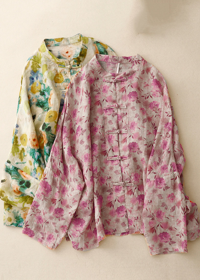 Hemden Art Leinen Frühling Grün Knopf Chinesischen Druck