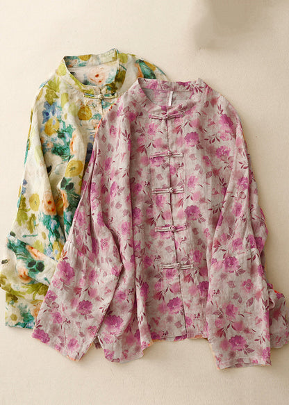 Hemden Art Leinen Frühling Grün Knopf Chinesischen Druck