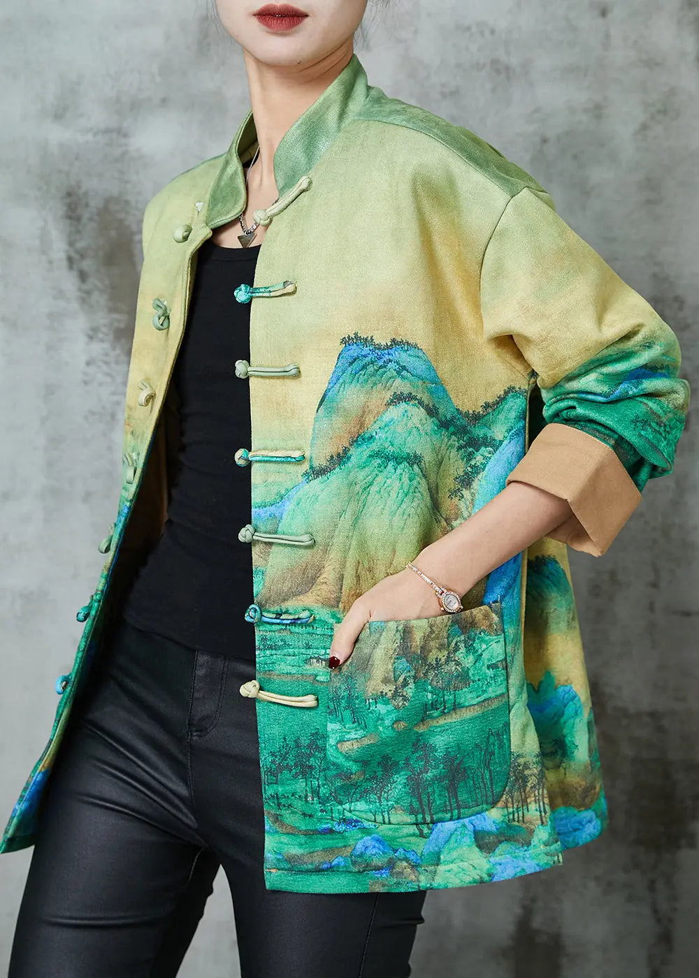 Art Green Print Chinese Button Silk Jacket Spring Ada Fashion