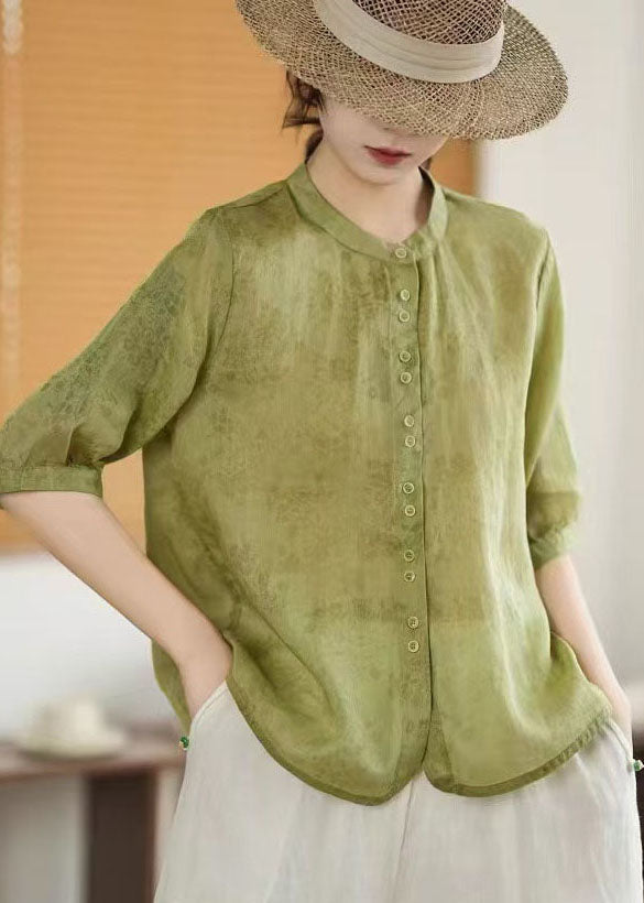 Linen Breasted Print Green Sleeve Single Half Art Shirt