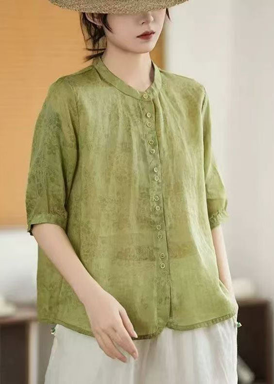 Linen Breasted Print Green Sleeve Single Half Art Shirt