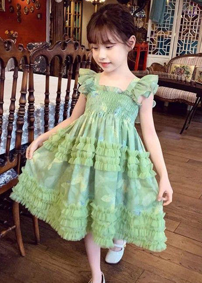 Robe longue en tulle froissé à imprimé vert art col carré pour fille sans manches EW023