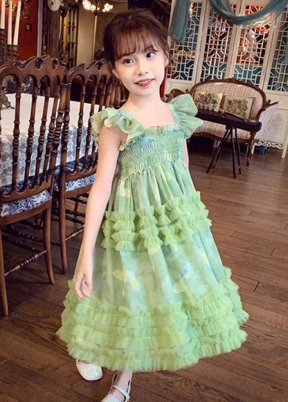 Robe longue en tulle froissé à imprimé vert art col carré pour fille sans manches EW023