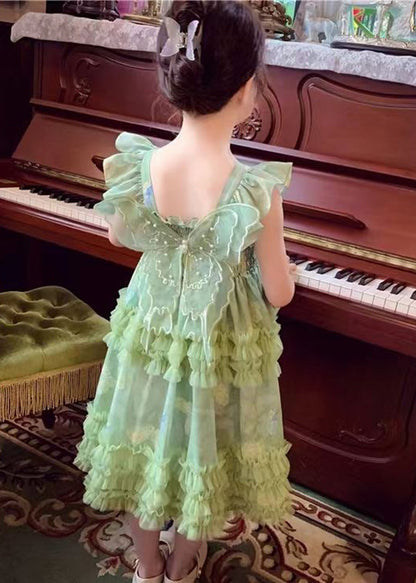 Robe longue en tulle froissé à imprimé vert art col carré pour fille sans manches EW023