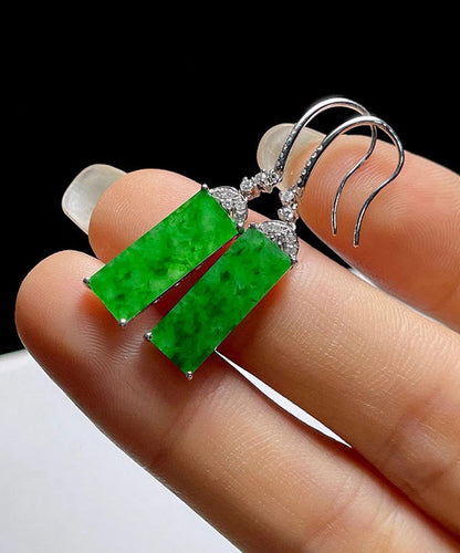 Boucles d'oreilles pendantes rectangulaires en argent sterling et jade incrusté de zircons verts Art AC1036