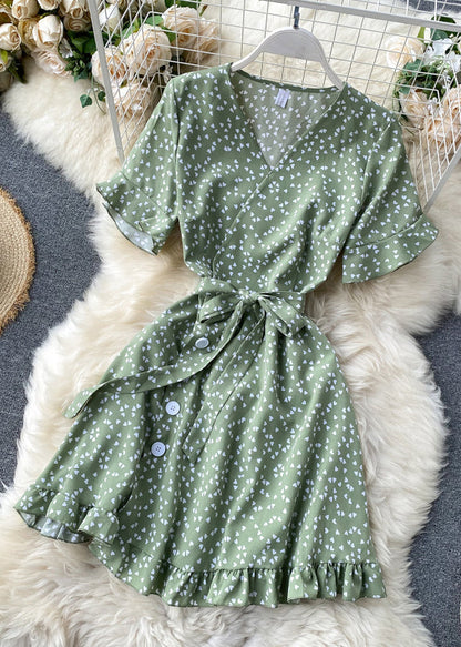 Robe mi-longue en coton vert à imprimé col en V et taille nouée pour l'été TR038