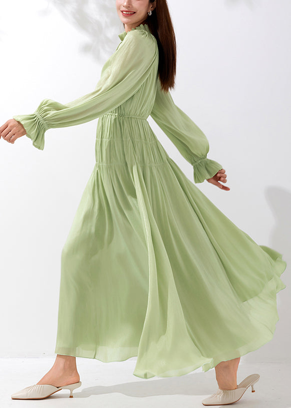 Art Green V Neck Wrinkled Lace Up Silk Maxi Dresses Butterfly Sleeve AM1026