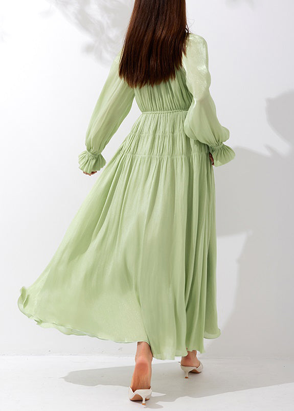 Art Green V Neck Wrinkled Lace Up Silk Maxi Dresses Butterfly Sleeve AM1026