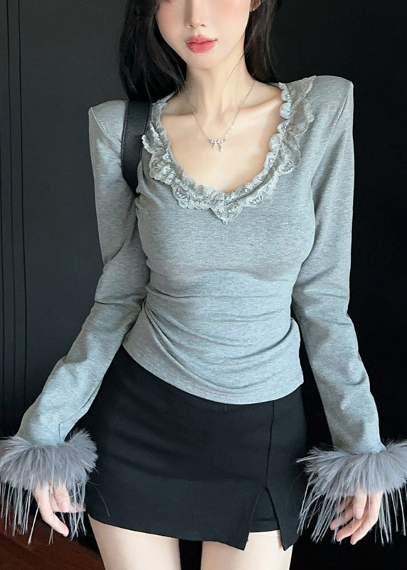 Kunst Grau O Neck Patchwork Faux Pelz Tops Frühling YP022