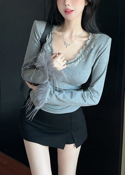Kunst Grau O Neck Patchwork Faux Pelz Tops Frühling YP022