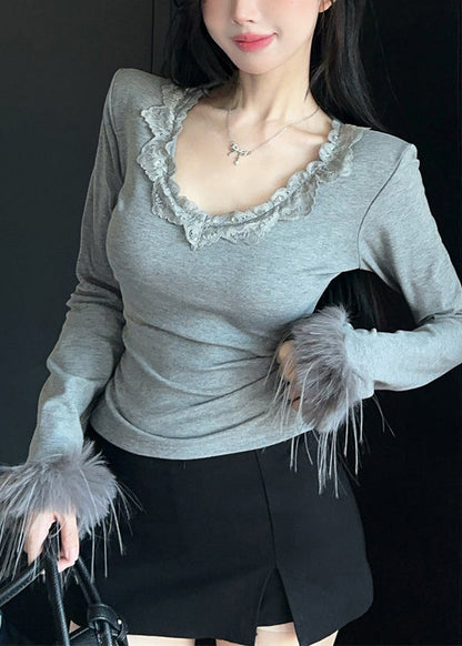 Kunst Grau O Neck Patchwork Faux Pelz Tops Frühling YP022