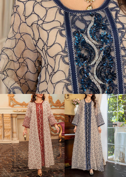 Robe longue en tulle patchwork à paillettes et col rond gris Art Automne WO048