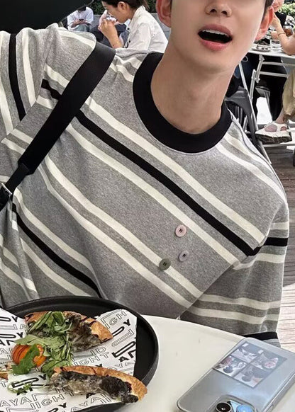 Men O Grey Cotton Art Striped Summer Neck T Shirts