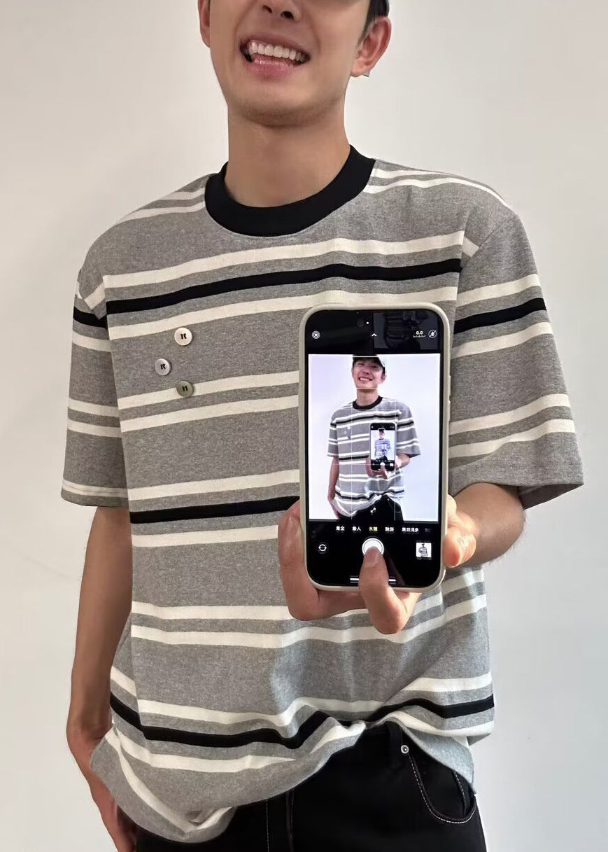 Men O Grey Cotton Art Striped Summer Neck T Shirts