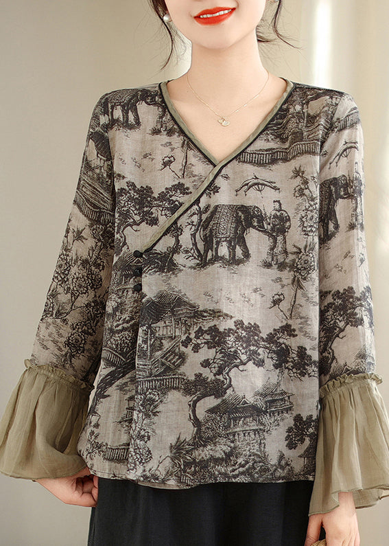 Chemise en lin à imprimé patchwork gris et manches évasées TM021