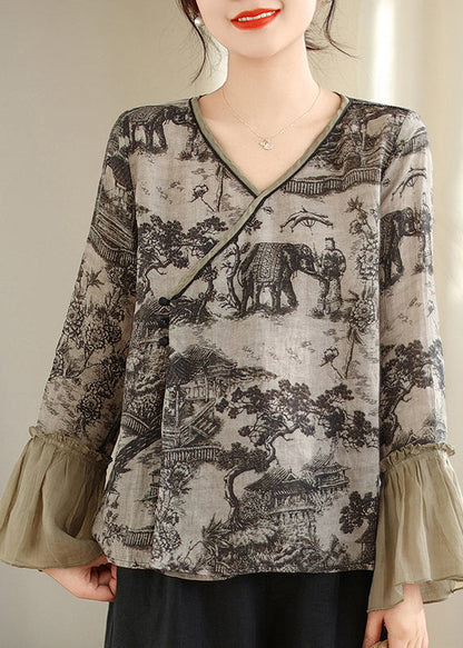 Chemise en lin à imprimé patchwork gris et manches évasées TM021
