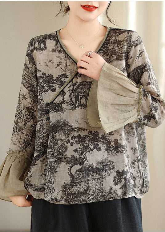 Chemise en lin à imprimé patchwork gris et manches évasées TM021