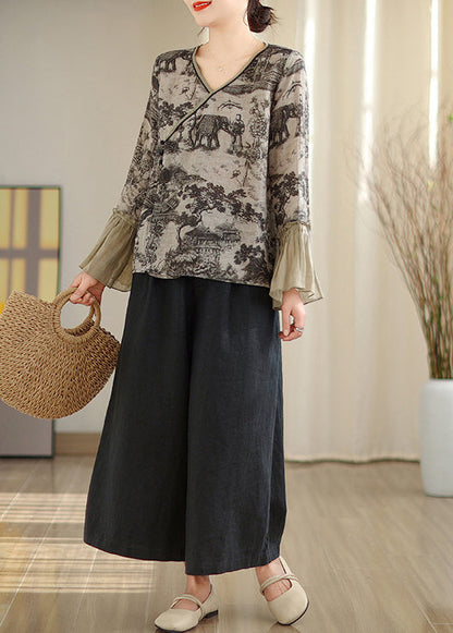 Chemise en lin à imprimé patchwork gris et manches évasées TM021