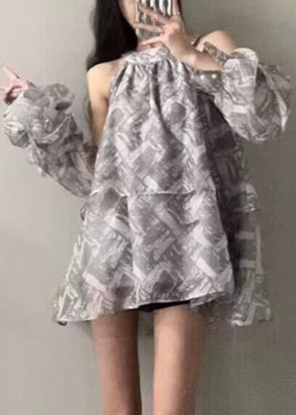 Chemise à volants et épaules dénudées Art Grey sans manches UU1050