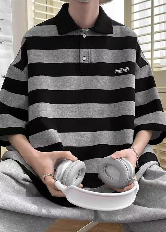 Art Polo Herrenhemden mit halblangen Ärmeln, Grau, mit Knopfleiste und Streifen