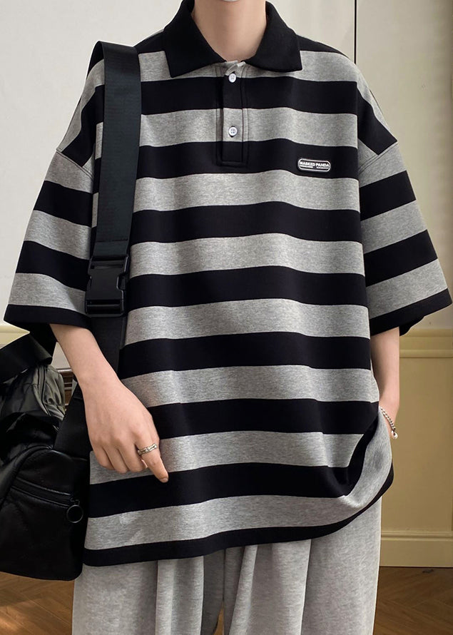 Art Polo Herrenhemden mit halblangen Ärmeln, Grau, mit Knopfleiste und Streifen