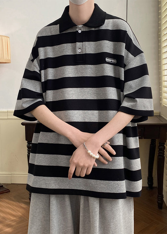 Art Polo Herrenhemden mit halblangen Ärmeln, Grau, mit Knopfleiste und Streifen