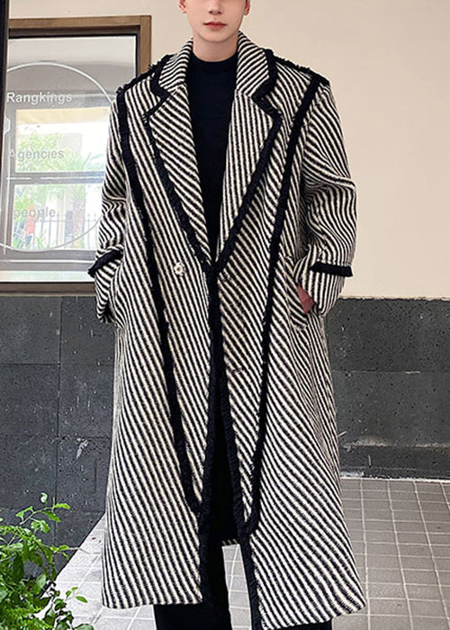 Art Grey Striped Button Woolen Mens Long Coats Winter RO047