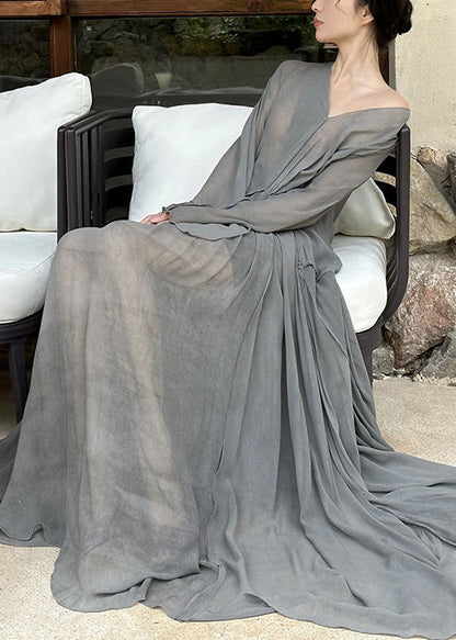 Robe longue froissée en coton gris à col en V et manches longues AH492