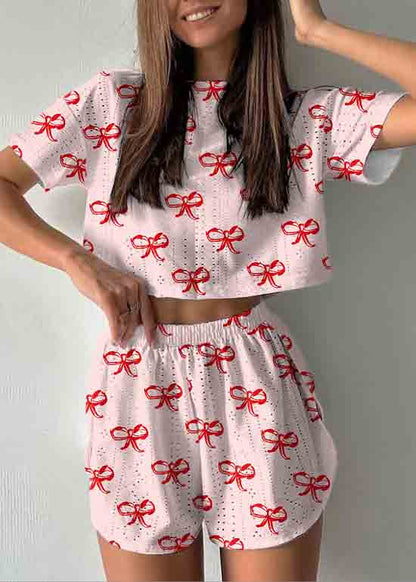 Womens Art Set Print Cotton Hollow Summer Two Pajamas Piece Out