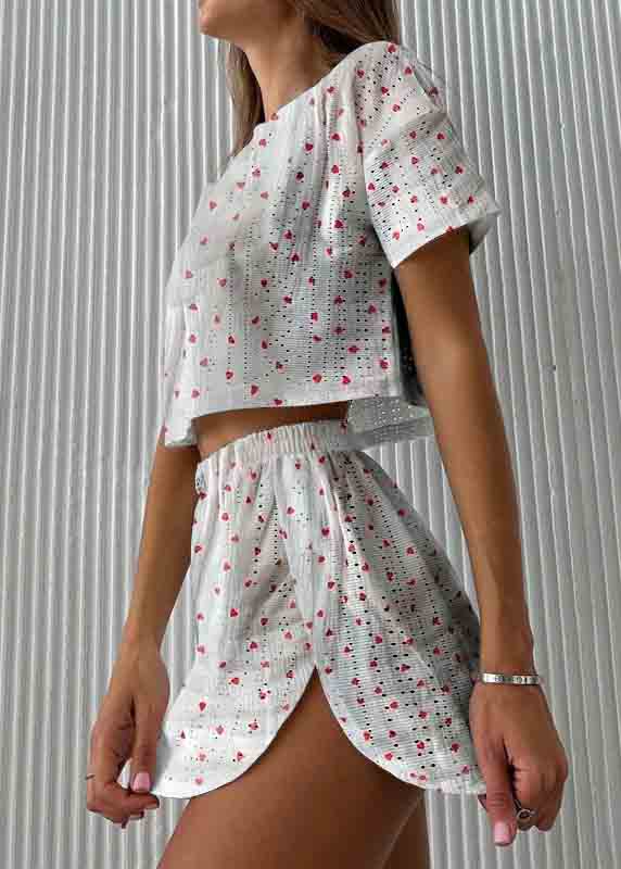 Womens Art Set Print Cotton Hollow Summer Two Pajamas Piece Out