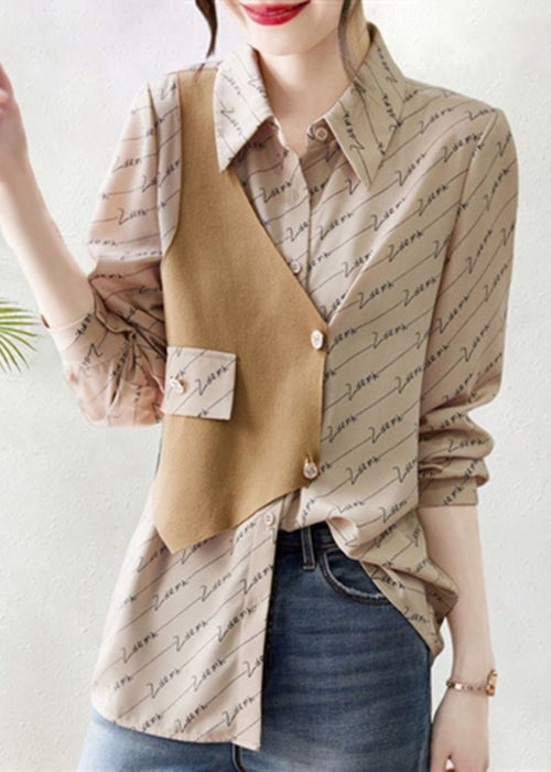 Asymmetrical Patchwork Blouse Cotton Print Art Fall Khaki