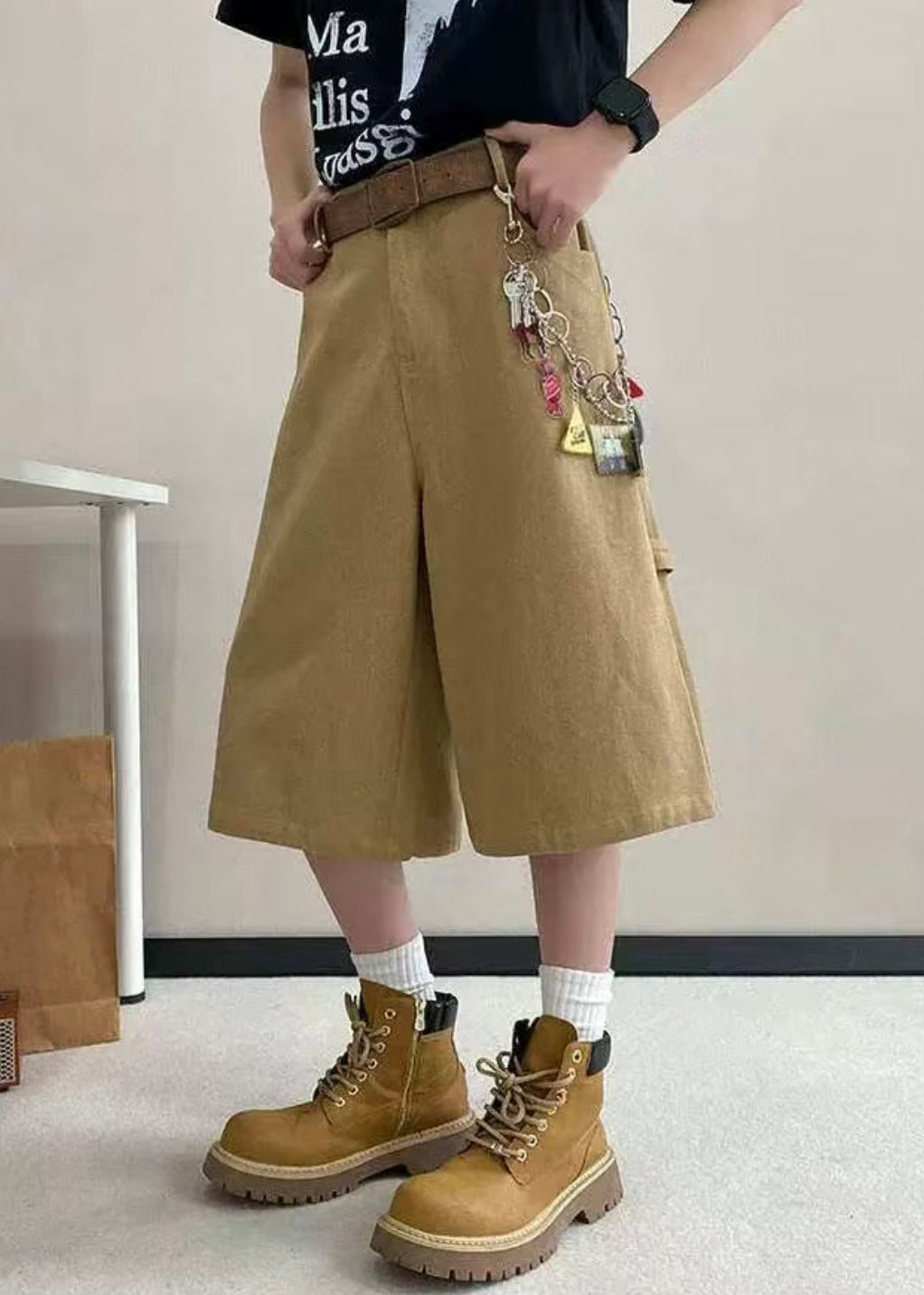 Pantalon court d'été taille haute avec poches pour homme, kaki, avec lettres