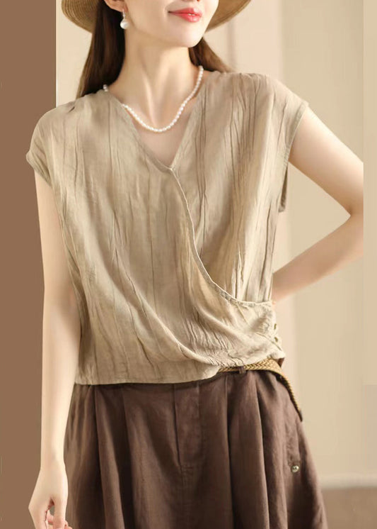 Wrinkled Neck Art Ärmelloses V Khaki T-Shirt Baumwolle