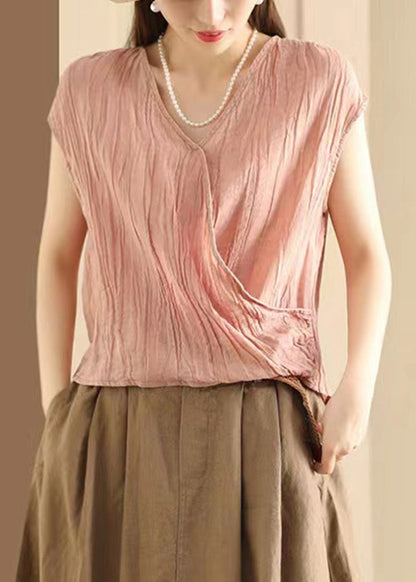 Wrinkled Neck Art Ärmelloses V Khaki T-Shirt Baumwolle