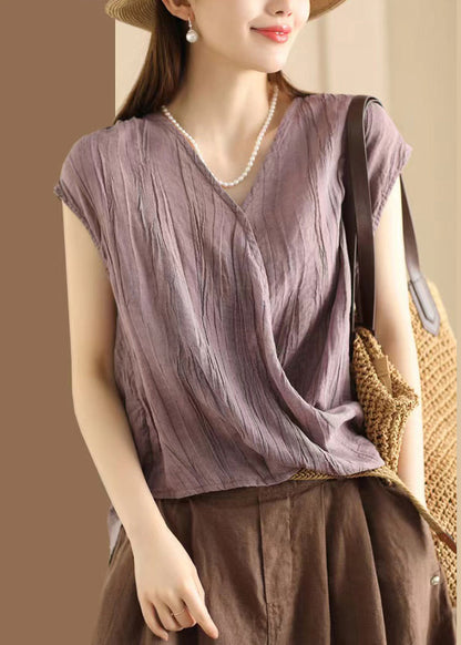 Wrinkled Neck Art Ärmelloses V Khaki T-Shirt Baumwolle